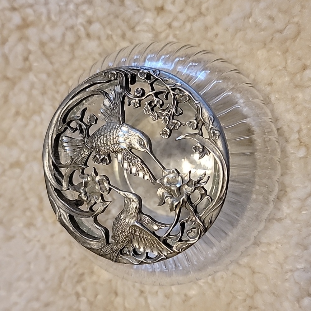 Vintage Rawcliffe Pewter Jar Potpourri Glass Trinket Bowl Hummingbirds Floral
